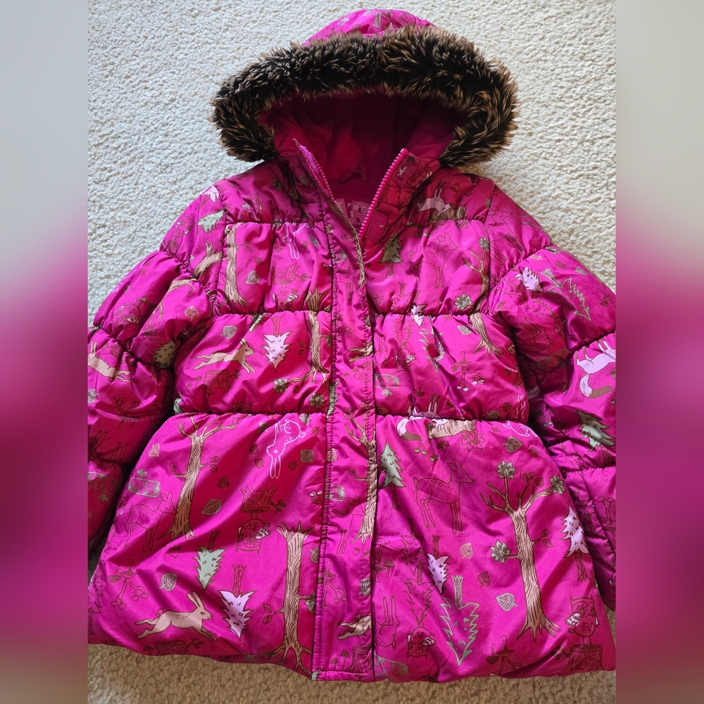 Joe Fresh Pink Floral Forest Print Puffer Jacket with Faux Fur Hood
